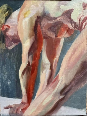 Cropped figure red against green,